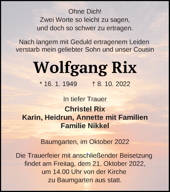 Traueranzeige von Wolfgang Rix von Prenzlauer Zeitung