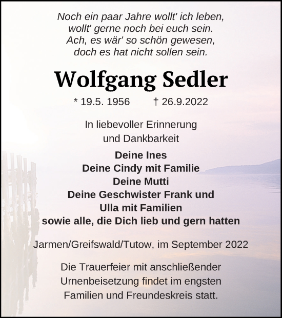 Traueranzeige von Wolfgang Sedler von Vorpommern Kurier