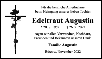 Traueranzeige von Edeltraut Augustin von Bützower Zeitung