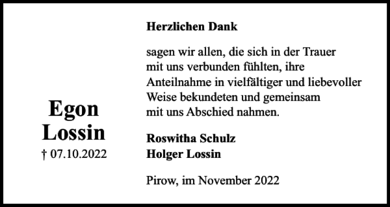  Traueranzeige für Egon Lossin vom 12.11.2022 aus Der Prignitzer