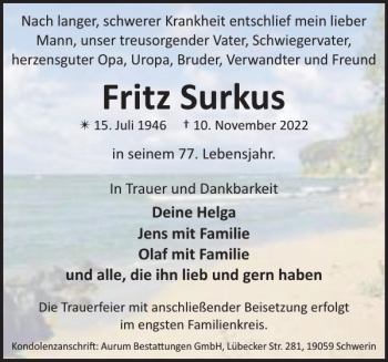 Traueranzeige von Fritz Surkus von Zeitung für die Landeshauptstadt