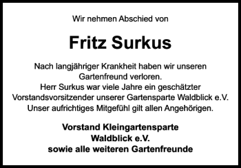 Traueranzeige von Fritz Surkus von Zeitung für die Landeshauptstadt