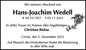 Traueranzeige von Hans-Joachim Wedell von Zeitung für die Landeshauptstadt