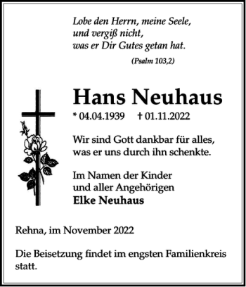 Traueranzeige von Hans Neuhaus von Gadebusch-Rehnaer Zeitung