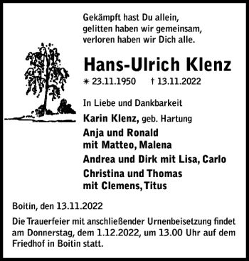 Traueranzeige von Hans-Ulrich Klenz von Bützower Zeitung