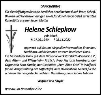 Traueranzeige von Helene Schlepkow von Parchimer Zeitung