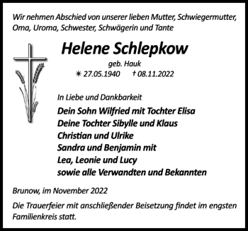 Traueranzeige von Helene Schlepkow von Parchimer Zeitung