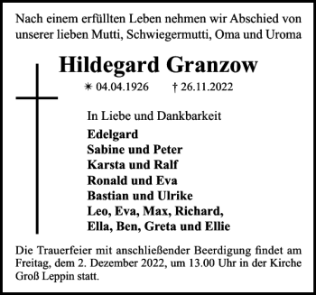 Traueranzeige von Hildegard Granzow von Der Prignitzer