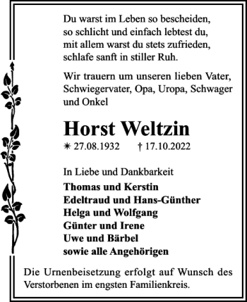 Traueranzeige von Horst Weltzin von Der Prignitzer