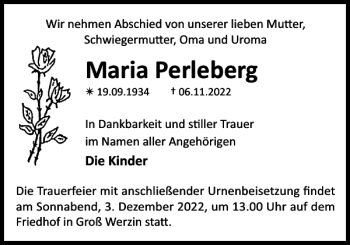 Traueranzeige von Maria Perleberg von Der Prignitzer