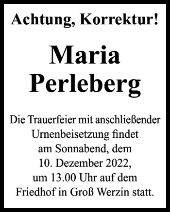 Traueranzeige von Maria Perleberg von Der Prignitzer