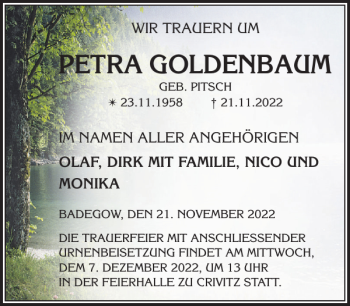 Traueranzeige von PETRA GOLDENBAUM von Zeitung für die Landeshauptstadt