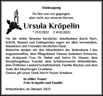 Traueranzeige von Ursula Kröpelin von Zeitung für die Landeshauptstadt