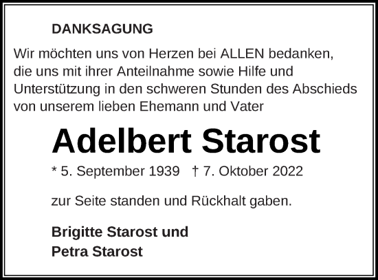 Traueranzeige von Adelbert Starost von Haff-Zeitung