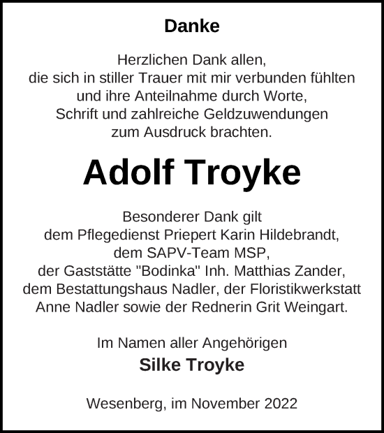 Traueranzeige von Adolf Troyke von Strelitzer Zeitung