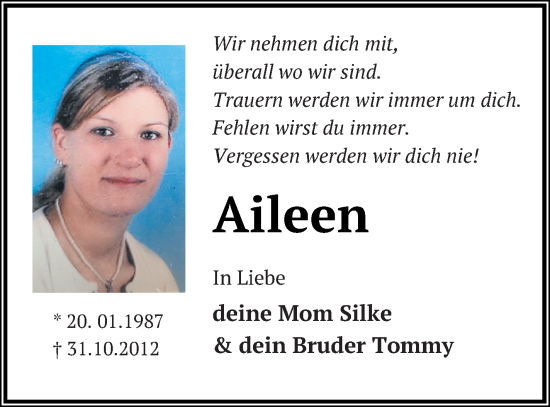 Traueranzeige von Aileen  von Müritz-Zeitung