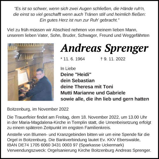 Traueranzeige von Andreas Sprenger von Templiner Zeitung