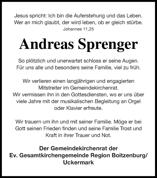 Traueranzeige von Andreas Sprenger von Uckermark Kombination