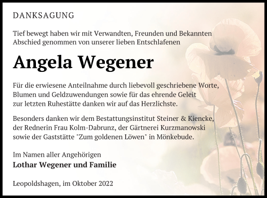 Traueranzeige von Angela Wegener von Haff-Zeitung