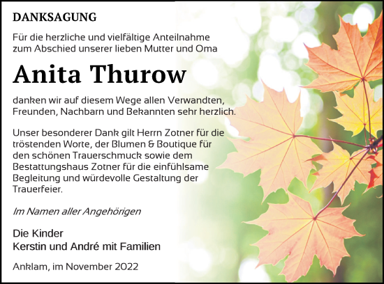 Traueranzeige von Anita Thurow von Vorpommern Kurier