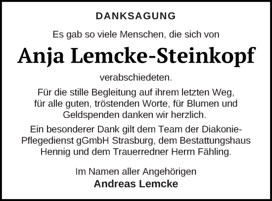 Traueranzeige von Anja Lemcke-Steinkopf von Pasewalker Zeitung