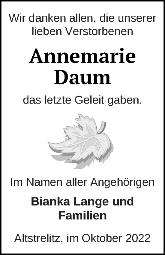 Traueranzeige von Annemarie Daum von Strelitzer Zeitung