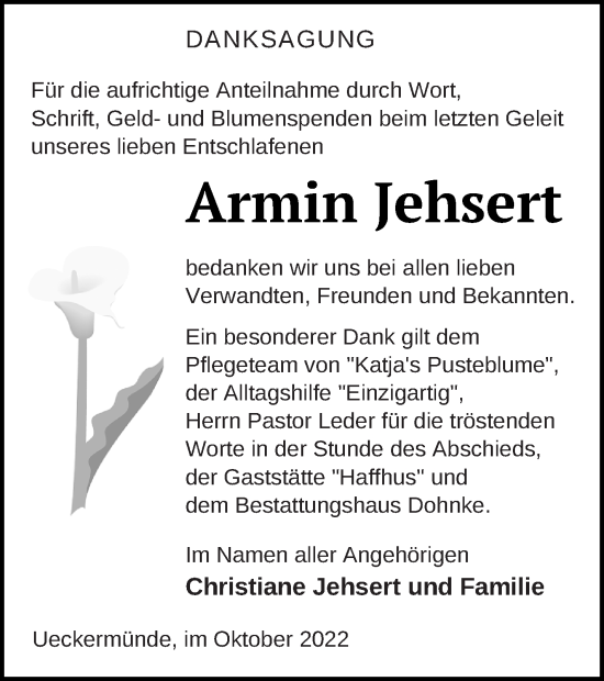 Traueranzeige von Armin Jehsert von Haff-Zeitung