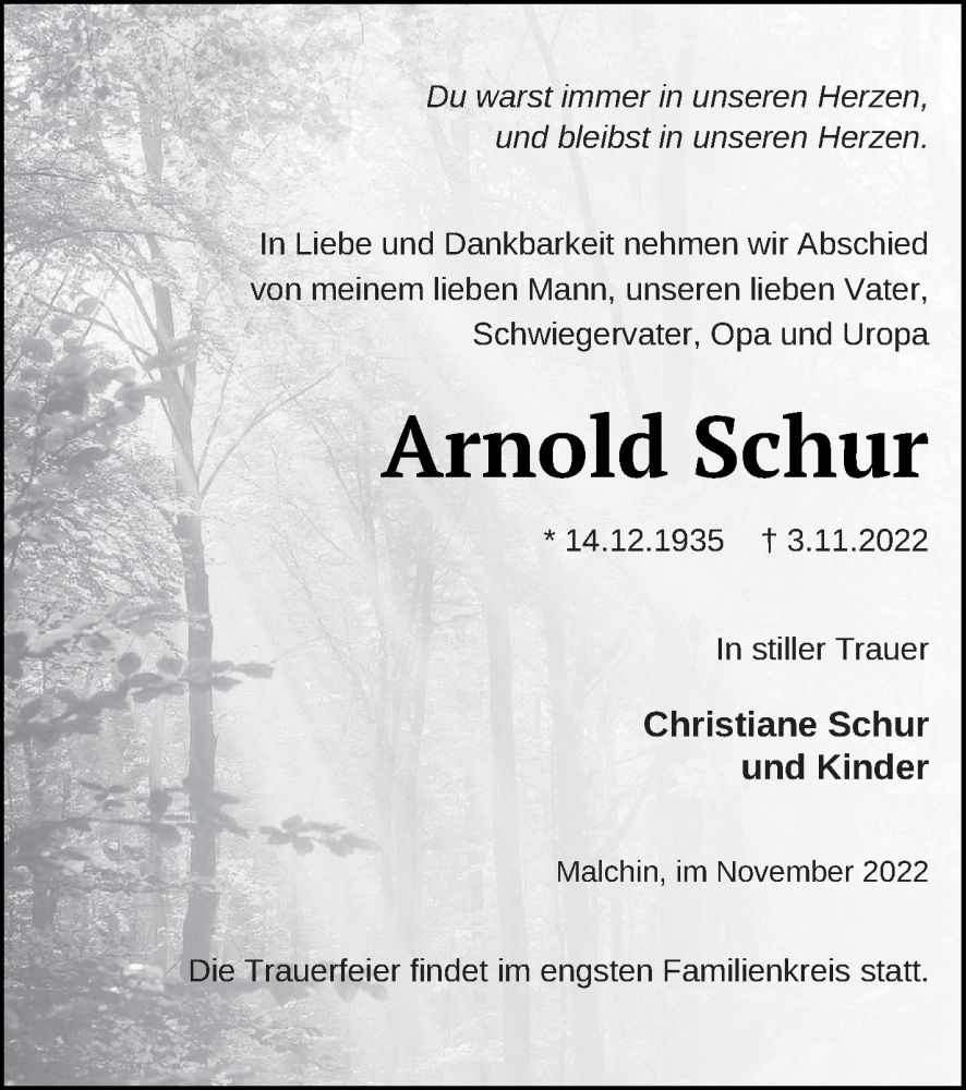  Traueranzeige für Arnold Schur vom 08.11.2022 aus Mecklenburger Schweiz