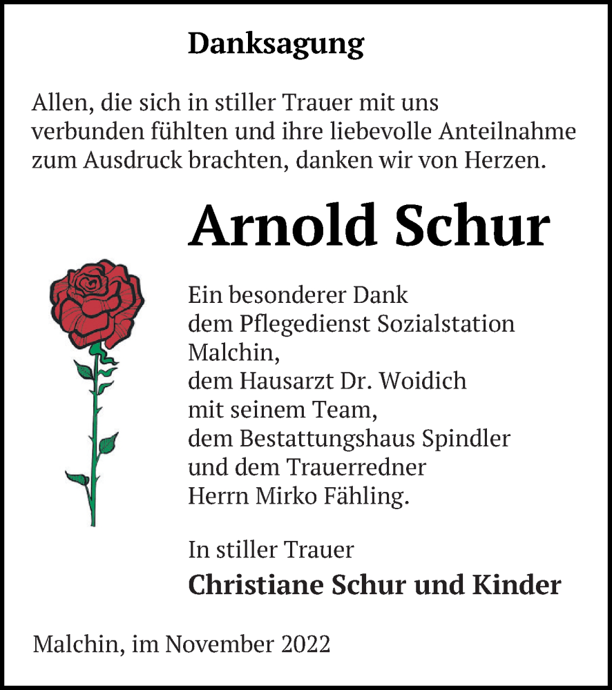  Traueranzeige für Arnold Schur vom 25.11.2022 aus Mecklenburger Schweiz