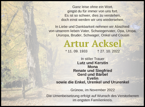 Traueranzeige von Artur Acksel von Prenzlauer Zeitung