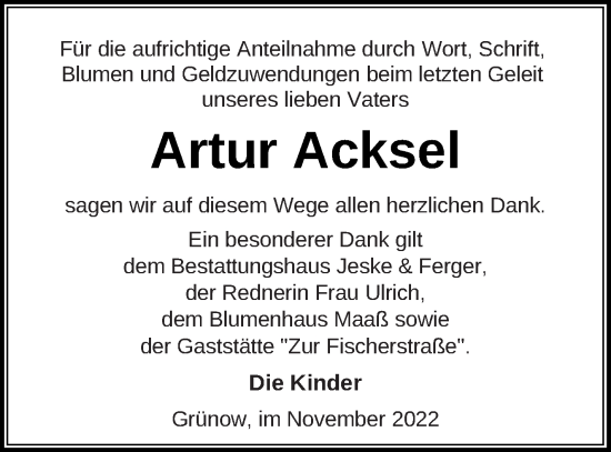 Traueranzeige von Artur Acksel von Prenzlauer Zeitung