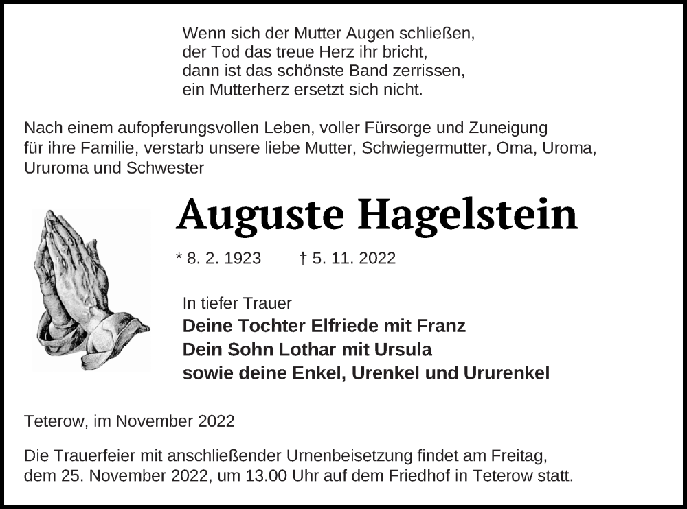  Traueranzeige für Auguste Hagelstein vom 18.11.2022 aus Mecklenburger Schweiz