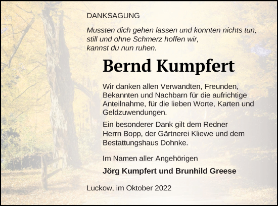 Traueranzeige von Bernd Kumpfert von Haff-Zeitung