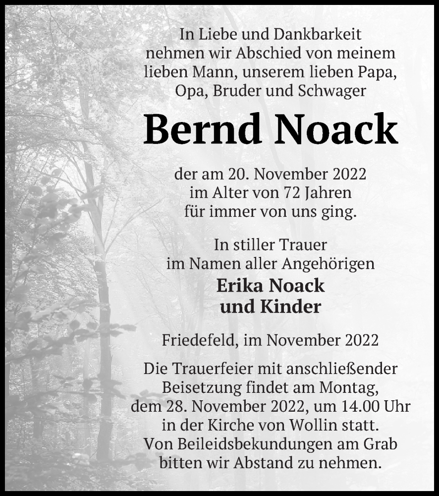 Traueranzeige für Bernd Noack vom 23.11.2022 aus Pasewalker Zeitung