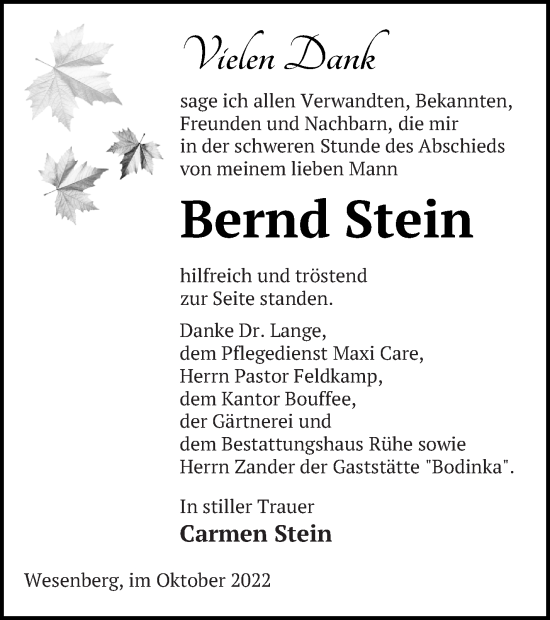 Traueranzeige von Bernd Stein von Strelitzer Zeitung