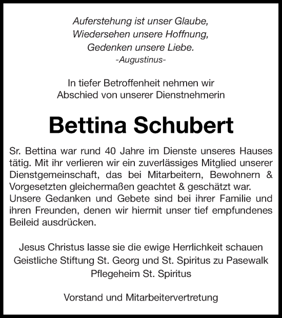 Traueranzeige von Bettina Schubert von Pasewalker Zeitung