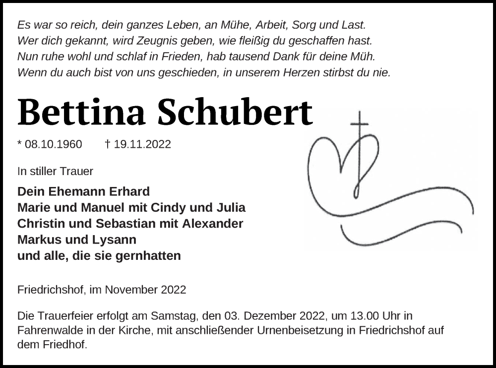  Traueranzeige für Bettina Schubert vom 26.11.2022 aus Pasewalker Zeitung