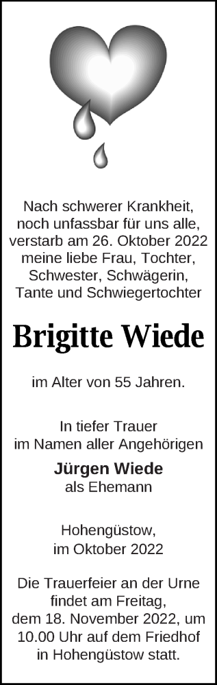 Traueranzeige von Brigitte Wiede von Prenzlauer Zeitung