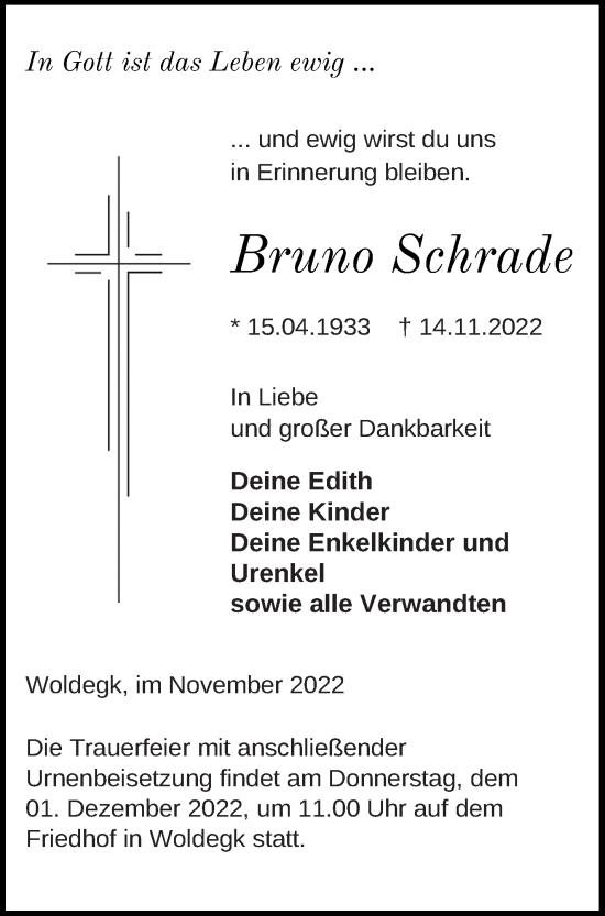 Traueranzeige von Bruno Schrade von Strelitzer Zeitung