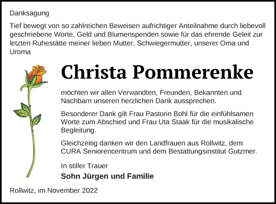 Traueranzeige von Christa Pommerenke von Pasewalker Zeitung