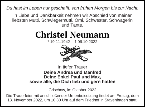 Traueranzeige von Christel Neumann von Mecklenburger Schweiz