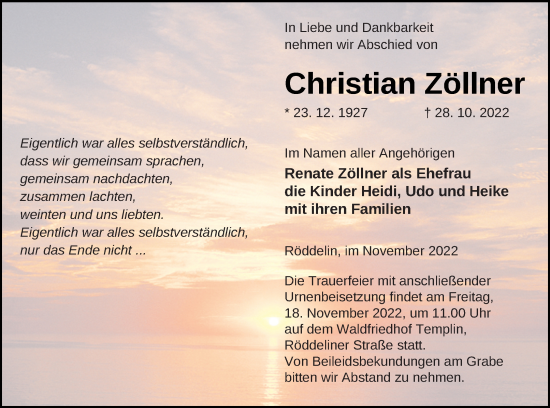 Traueranzeige von Christian Zöllner von Templiner Zeitung