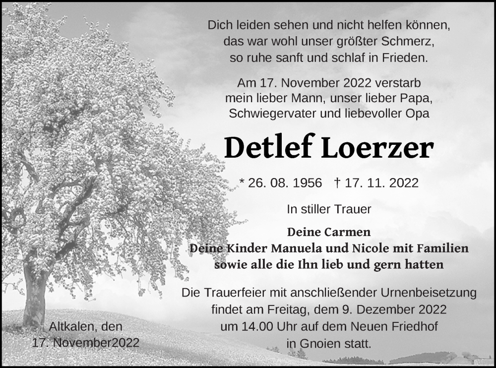  Traueranzeige für Detlef Loerzer vom 25.11.2022 aus Mecklenburger Schweiz