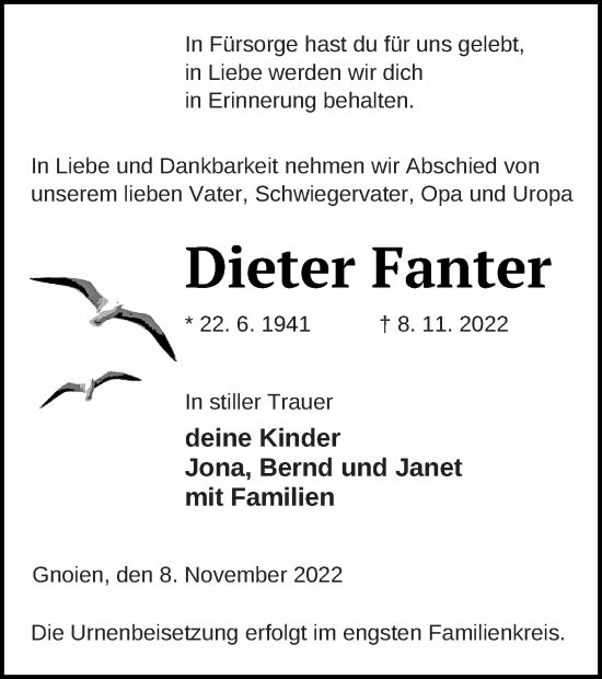 Traueranzeige von Dieter Fanter von Mecklenburger Schweiz