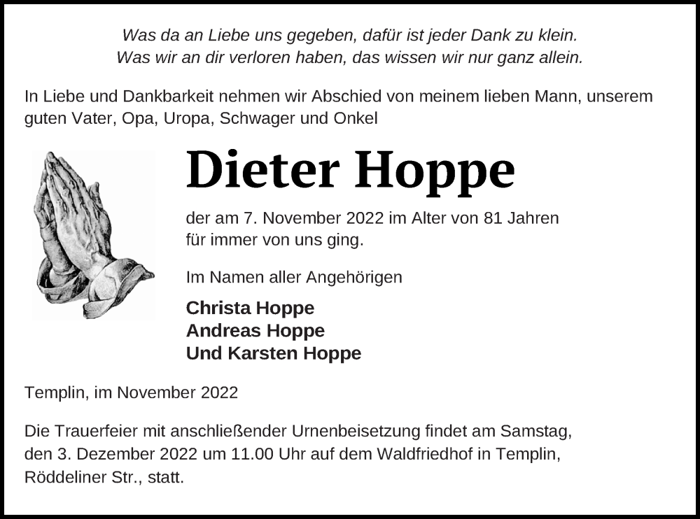  Traueranzeige für Dieter Hoppe vom 12.11.2022 aus Templiner Zeitung