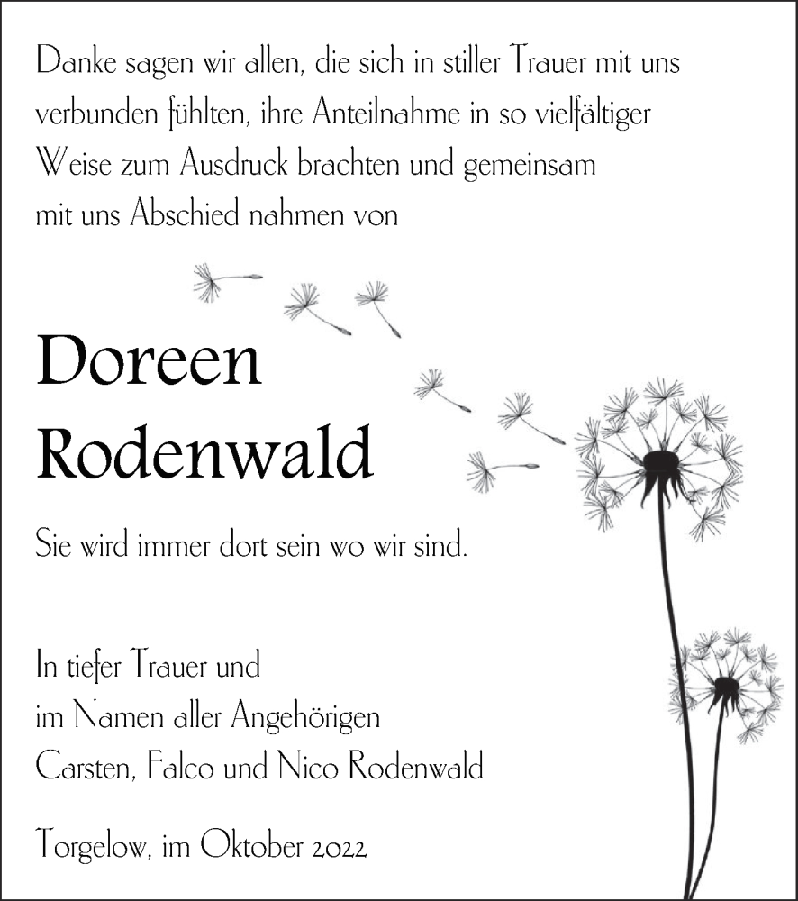  Traueranzeige für Doreen Rodenwald vom 18.11.2022 aus Haff-Zeitung