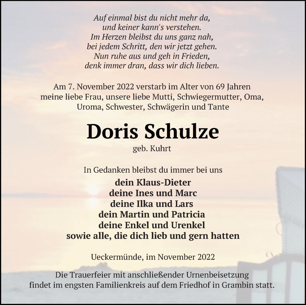  Traueranzeige für Doris Schulze vom 12.11.2022 aus Haff-Zeitung