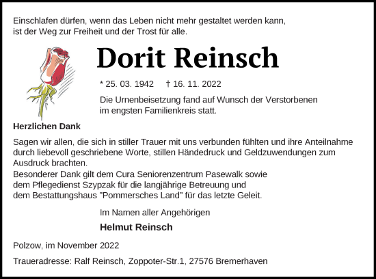 Traueranzeige von Dorit Reinsch von Pasewalker Zeitung