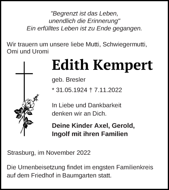 Traueranzeige von Edith Kempert von Pasewalker Zeitung