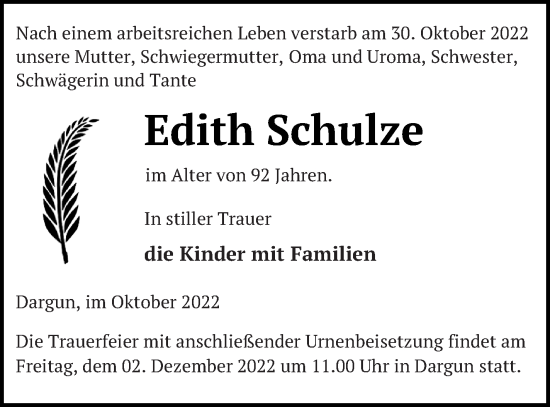 Traueranzeige von Edith Schulze von Mecklenburger Schweiz